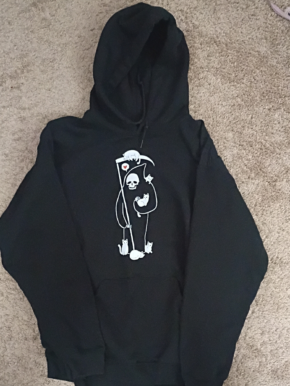 Threadless Black Crewneck Hoodie with White Skull & Cat Graphic